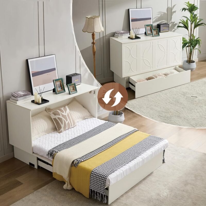 Bed Cabinet with Tri-Fold Mattress, Charging Station and Large Storage Drawer, Solid Pine Wood Platform Bed Frame, Foldable Cabinet Bed for Home Office, Space Saving Design