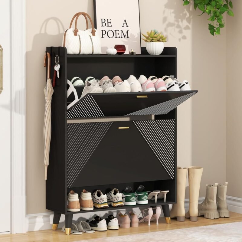 Shoe Cabinet for 24 Pairs, Fits Size 13, Slim Freestanding Shoe Rack Organizer with 2 Flip Drawers & Coat Hooks, Space Saving Narrow Entryway Shoe Storage Cabinet for Closet
