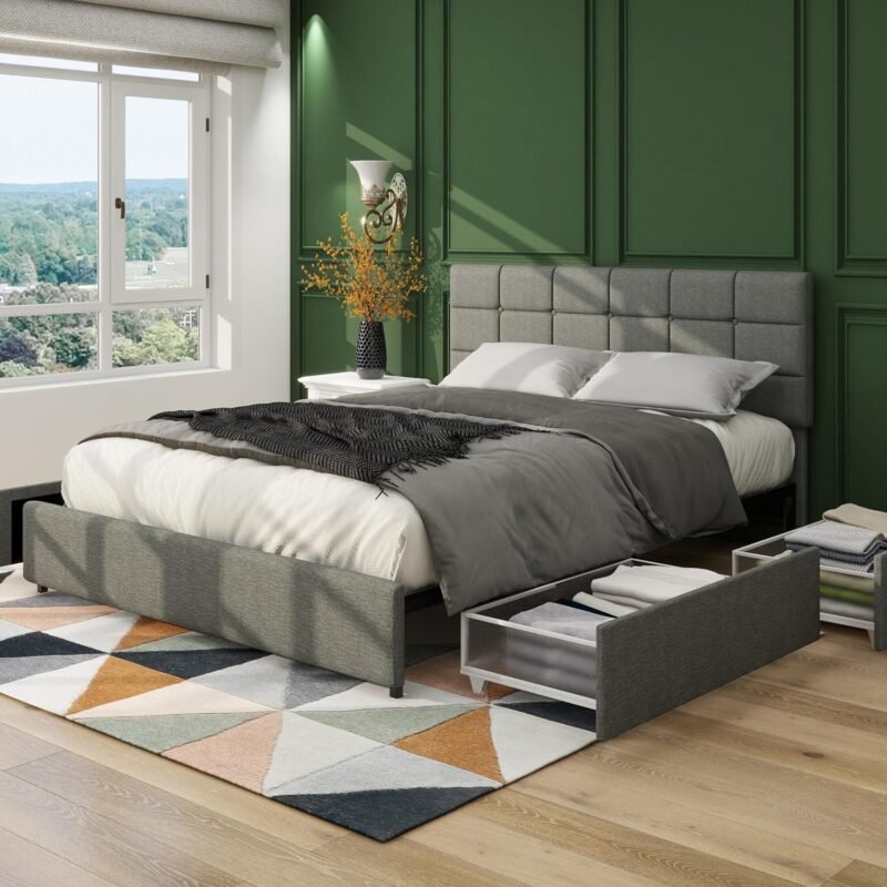Full Size Linen Upholstered Platform Bed with 4 Drawers Storage, No Box Spring Required, Wooden Slat Mattress, Gray