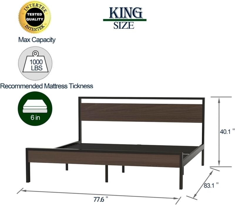 King Size Metal Platform Bed Frame with Wooden Headboard and Footboard, No Box Spring Needed, Easy Assemble, Black - Image 2
