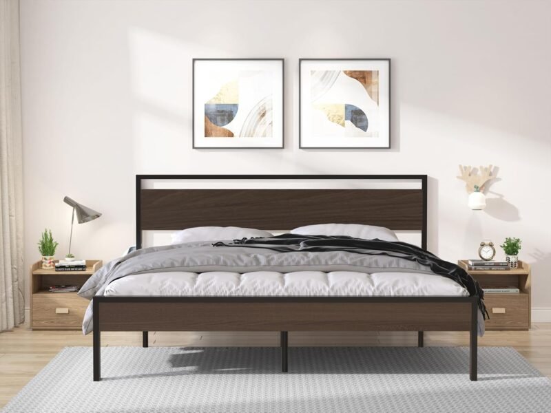 King Size Metal Platform Bed Frame with Wooden Headboard and Footboard, No Box Spring Needed, Easy Assemble, Black - Image 4