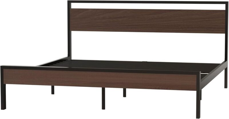 King Size Metal Platform Bed Frame with Wooden Headboard and Footboard, No Box Spring Needed, Easy Assemble, Black - Image 3