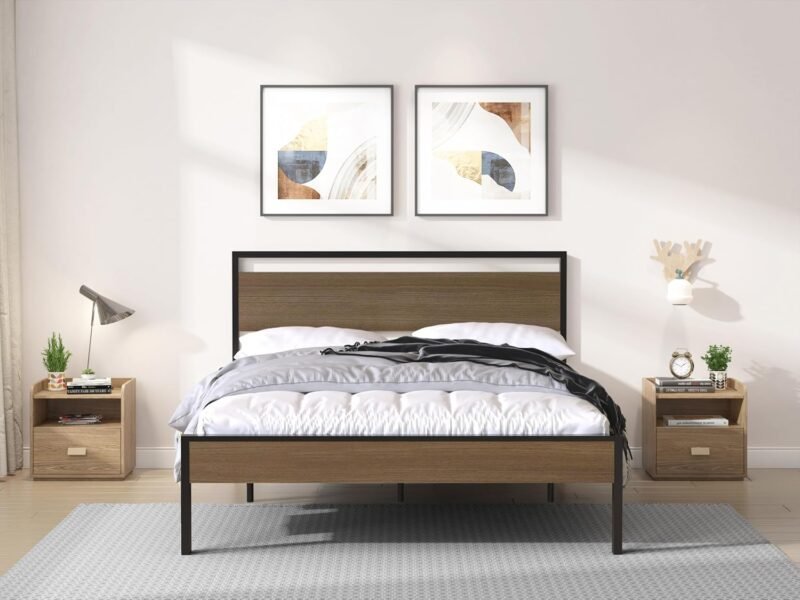 Queen Size Metal Platform Bed Frame with Wooden Headboard and Footboard, No Box Spring Needed, Easy Assemble, Walnut
