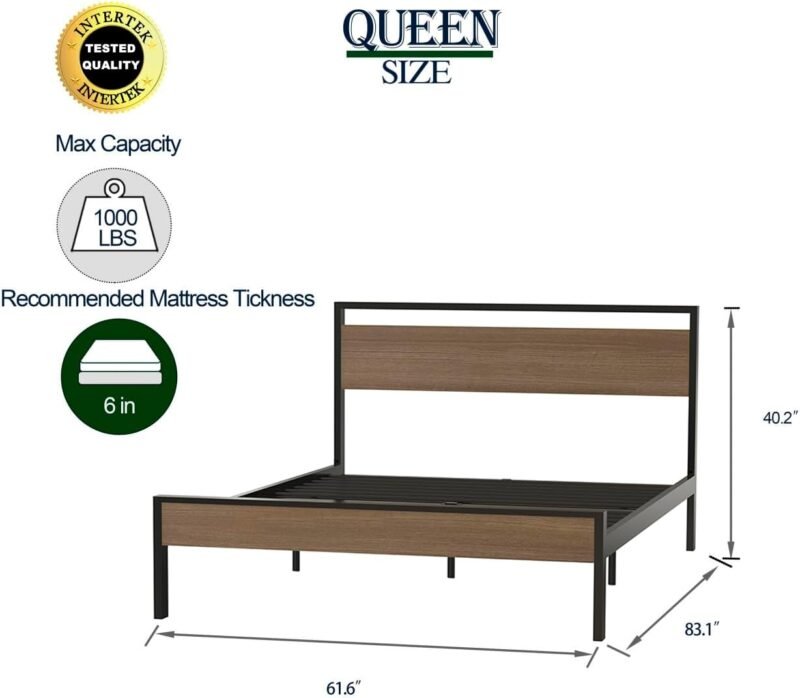 Queen Size Metal Platform Bed Frame with Wooden Headboard and Footboard, No Box Spring Needed, Easy Assemble, Walnut - Image 2