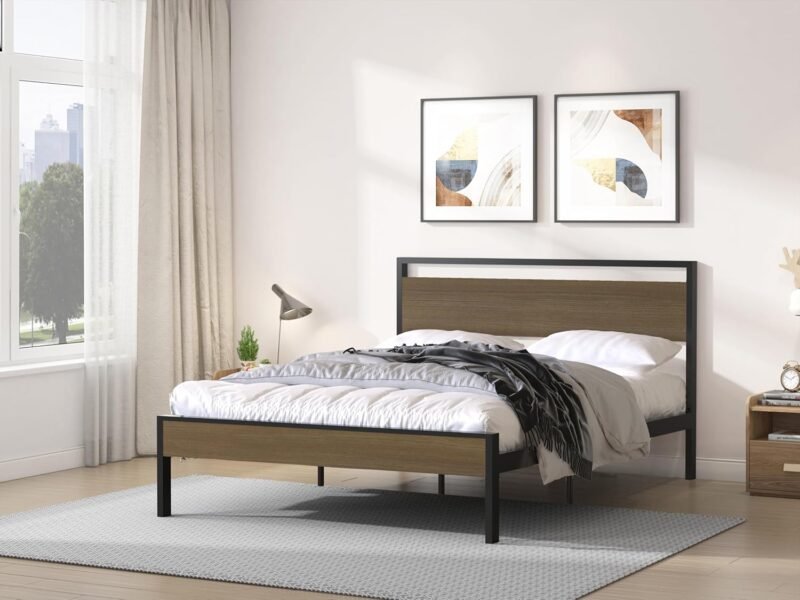 Queen Size Metal Platform Bed Frame with Wooden Headboard and Footboard, No Box Spring Needed, Easy Assemble, Walnut - Image 4
