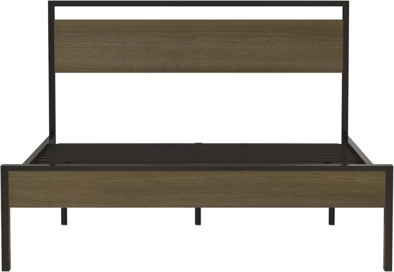 Queen Size Metal Platform Bed Frame with Wooden Headboard and Footboard, No Box Spring Needed, Easy Assemble, Walnut - Image 3