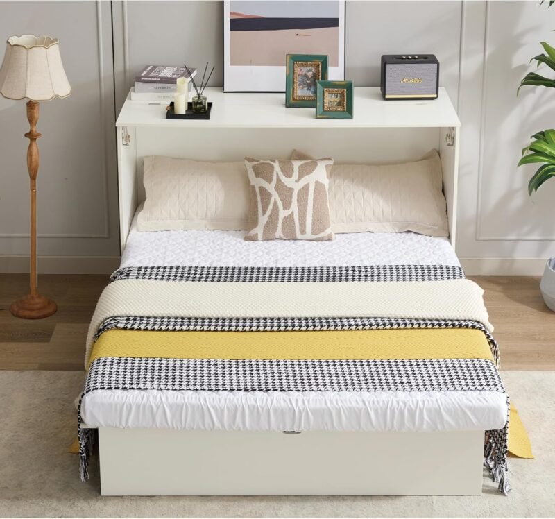Bed Cabinet with Tri-Fold Mattress, Charging Station and Large Storage Drawer, Solid Pine Wood Platform Bed Frame, Foldable Cabinet Bed for Home Office, Space Saving Design - Image 2