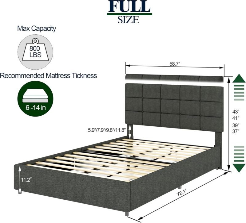 Full Size Linen Upholstered Platform Bed with 4 Drawers Storage, No Box Spring Required, Wooden Slat Mattress, Gray - Image 2