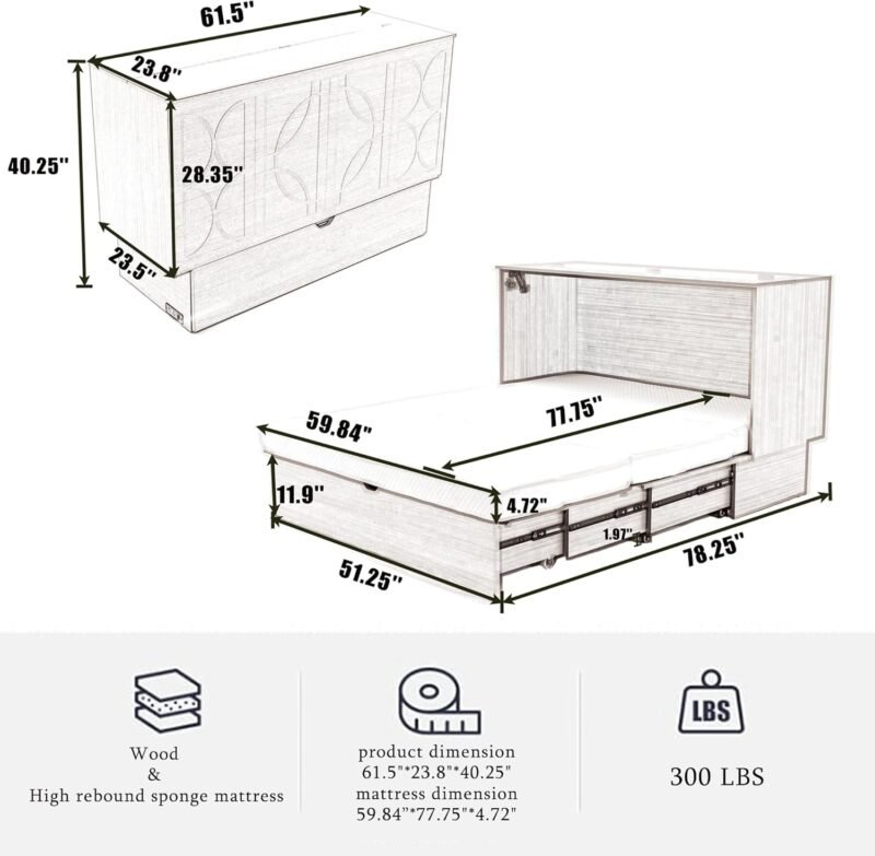 Bed Cabinet with Tri-Fold Mattress, Charging Station and Large Storage Drawer, Solid Pine Wood Platform Bed Frame, Foldable Cabinet Bed for Home Office, Space Saving Design - Image 4