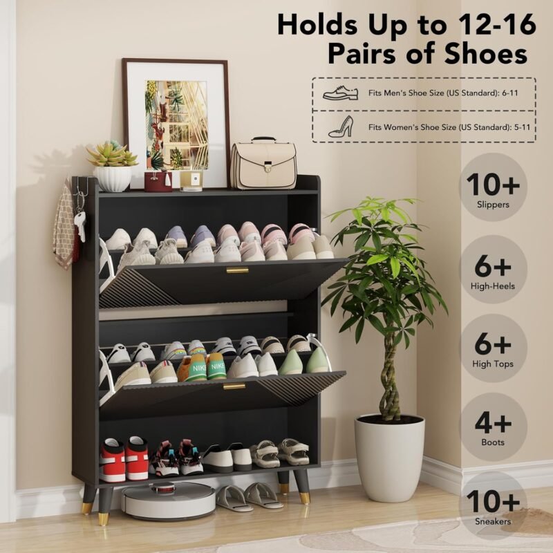 Shoe Cabinet for 24 Pairs, Fits Size 13, Slim Freestanding Shoe Rack Organizer with 2 Flip Drawers & Coat Hooks, Space Saving Narrow Entryway Shoe Storage Cabinet for Closet - Image 4