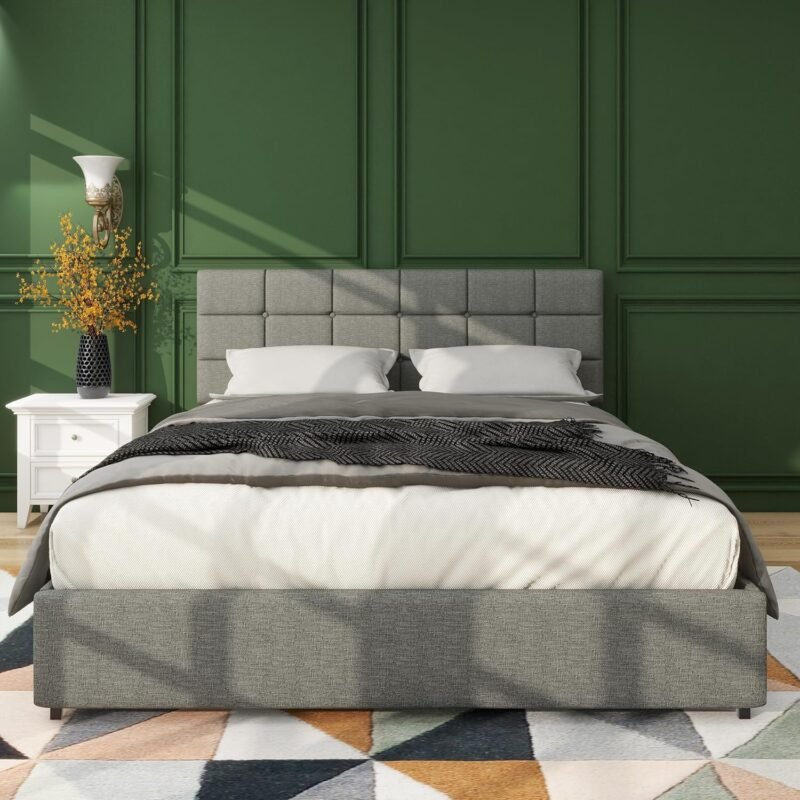 Full Size Linen Upholstered Platform Bed with 4 Drawers Storage, No Box Spring Required, Wooden Slat Mattress, Gray - Image 4
