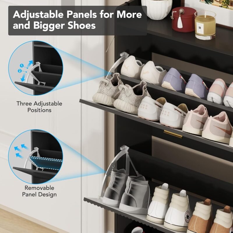 Shoe Cabinet for 24 Pairs, Fits Size 13, Slim Freestanding Shoe Rack Organizer with 2 Flip Drawers & Coat Hooks, Space Saving Narrow Entryway Shoe Storage Cabinet for Closet - Image 3