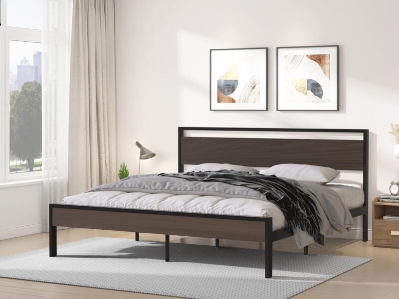 King Size Metal Platform Bed Frame with Wooden Headboard and Footboard, No Box Spring Needed, Easy Assemble, Black
