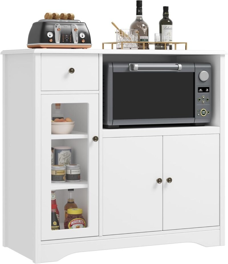 Microwave Cabinet, Kitchen Storage Cabinet with 3 Doors and 1 Drawer, Buffet Sideboard with Adjustable Shelves, Microwave Stand for Kitchen, Dining Room, White