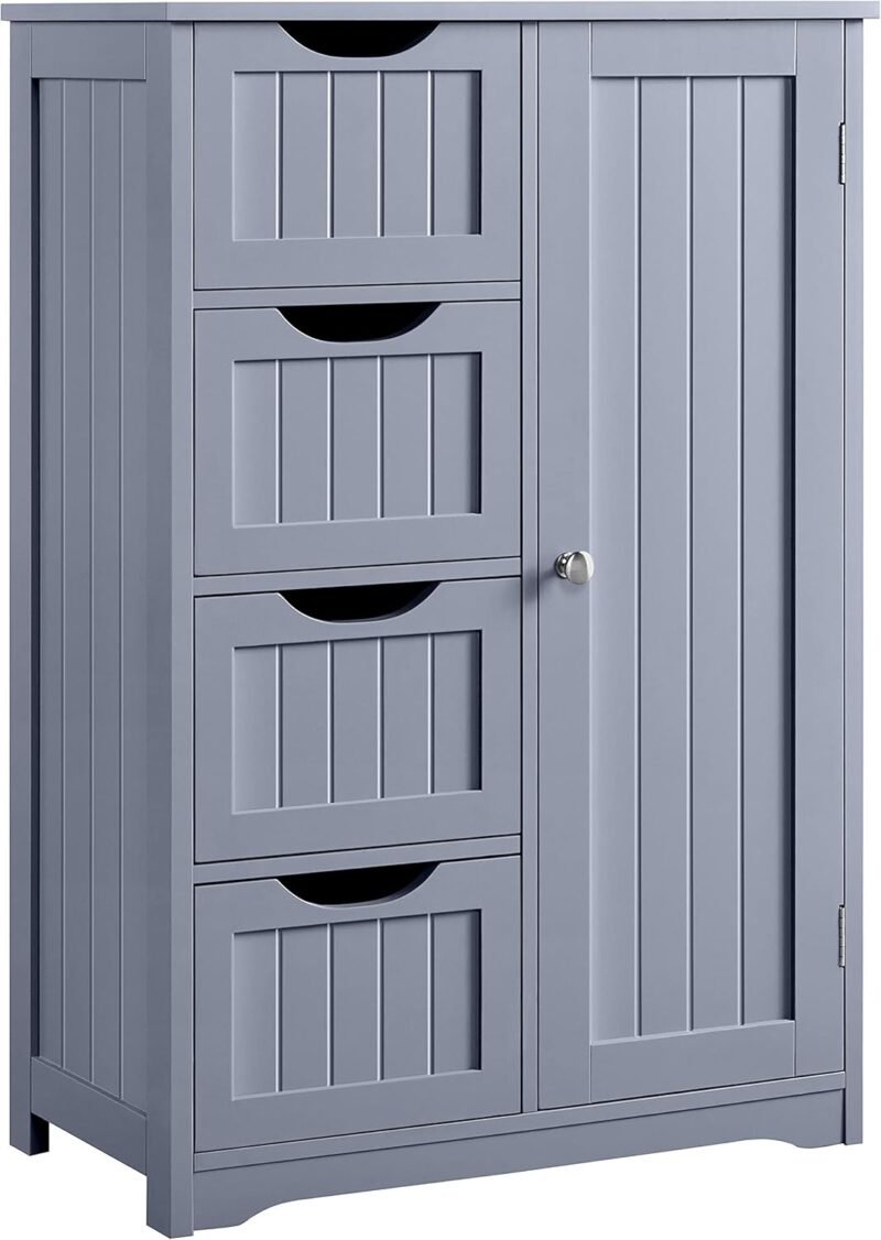 Bathroom Floor Cabinet, Freestanding Storage Organizer Unit Kitchen Cupboard W/ 4 Drawers & Adjustable Shelves, Using for Kitchen/Bathroom, Gray - Image 2