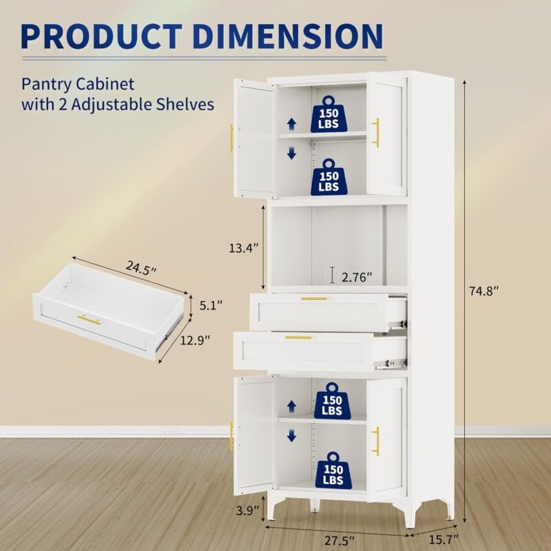 75” Tall Kitchen Pantry Storage Cabinet, Metal Storage Cabinet with 2 Drawers and Adjustable Shelves, Kitchen Pantry Cupboard, Freestanding Cupboard for Bathroom, Living Room (White) - Image 2