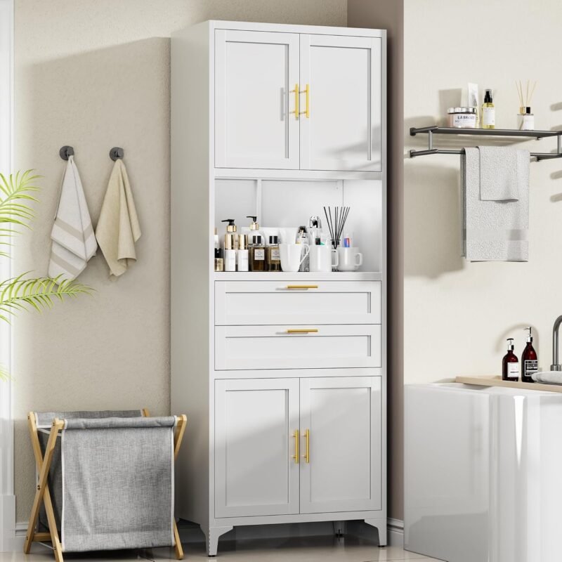 75” Tall Kitchen Pantry Storage Cabinet, Metal Storage Cabinet with 2 Drawers and Adjustable Shelves, Kitchen Pantry Cupboard, Freestanding Cupboard for Bathroom, Living Room (White) - Image 3