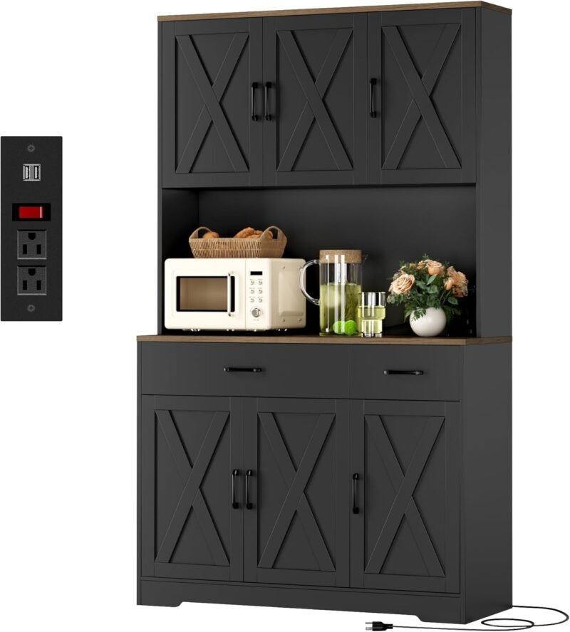 71" Pantry Cabinet with Charging Station, Tall Kitchen Pantry Storage Cabinet with Microwave Stand, Farmhouse Kitchen Hutch with Storage Drawers for Living Room, Dining Room, Black