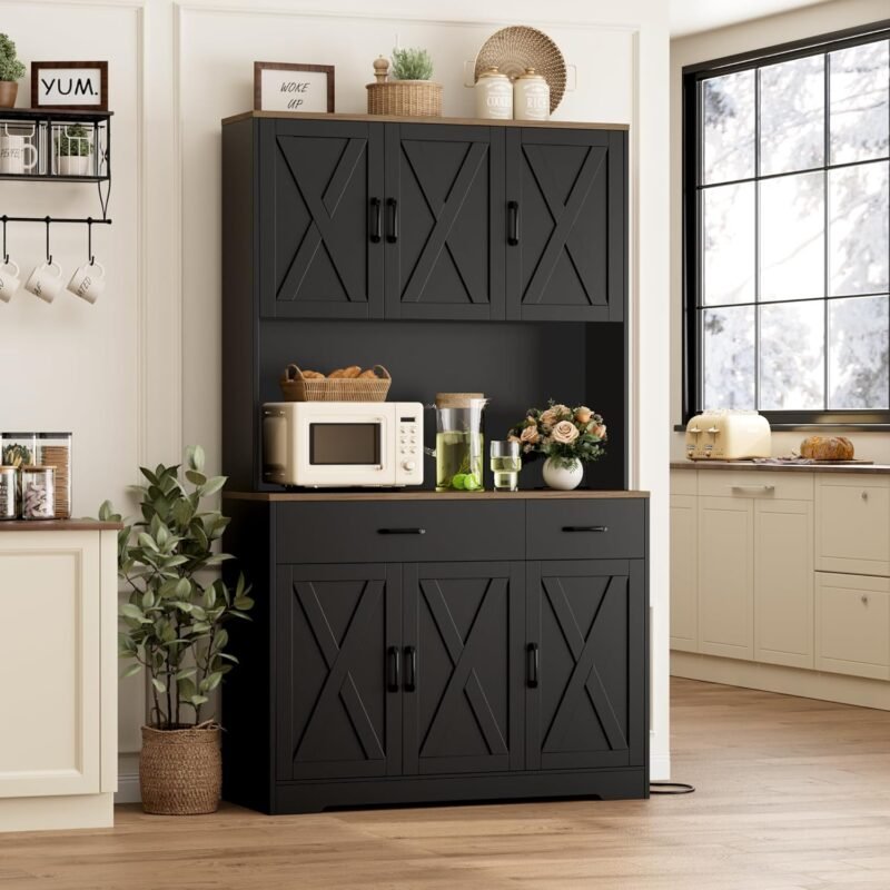 71" Pantry Cabinet with Charging Station, Tall Kitchen Pantry Storage Cabinet with Microwave Stand, Farmhouse Kitchen Hutch with Storage Drawers for Living Room, Dining Room, Black - Image 2