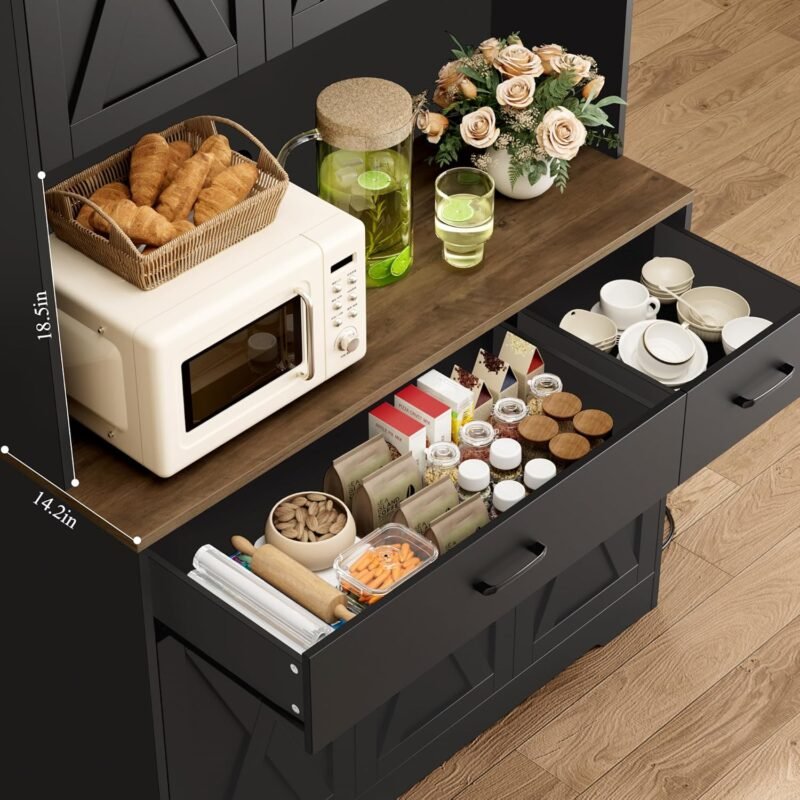 71" Pantry Cabinet with Charging Station, Tall Kitchen Pantry Storage Cabinet with Microwave Stand, Farmhouse Kitchen Hutch with Storage Drawers for Living Room, Dining Room, Black - Image 3