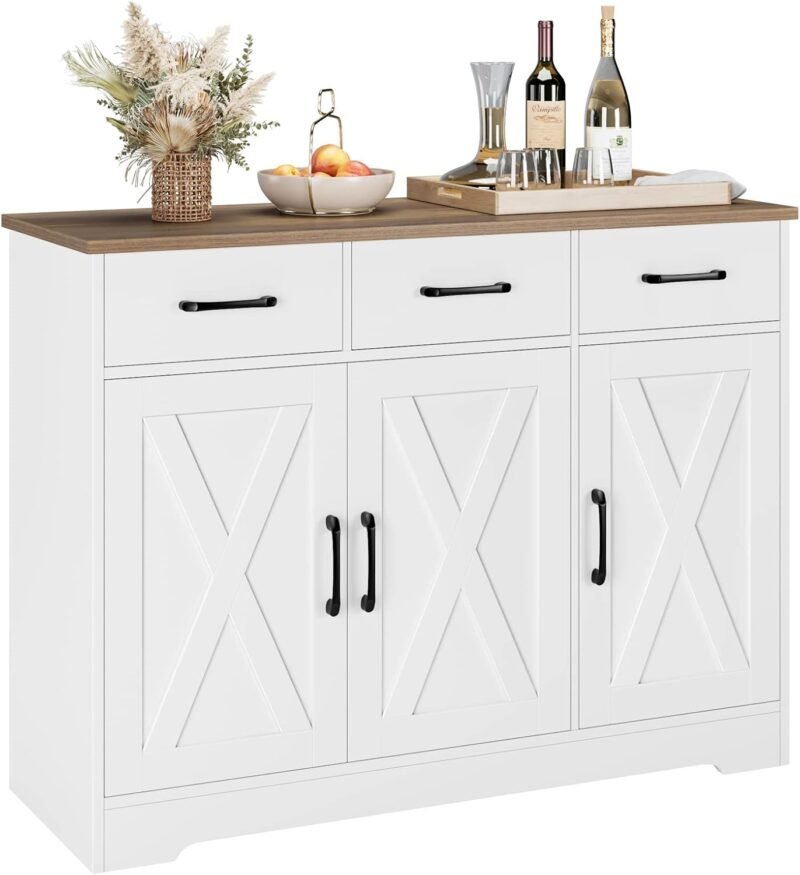 Modern Farmhouse Sideboard Buffet Cabinet, Barn Doors Buffet Storage Cabinet with Drawers and Shelves, Wood Coffee Bar with Storage for Kitchen, Dining Room, Living Room, White - Image 2