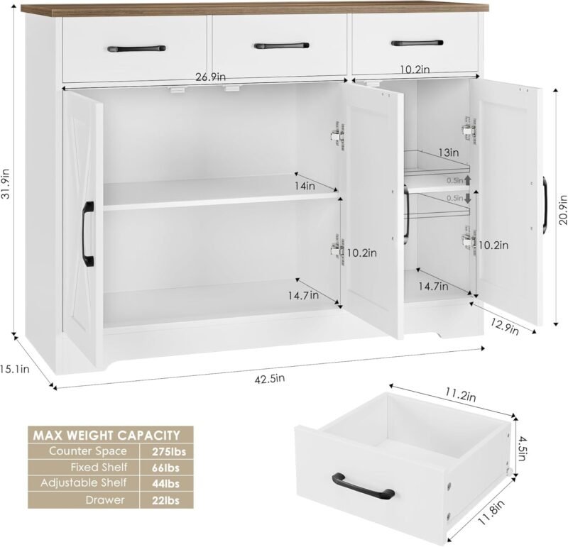 Modern Farmhouse Sideboard Buffet Cabinet, Barn Doors Buffet Storage Cabinet with Drawers and Shelves, Wood Coffee Bar with Storage for Kitchen, Dining Room, Living Room, White - Image 4