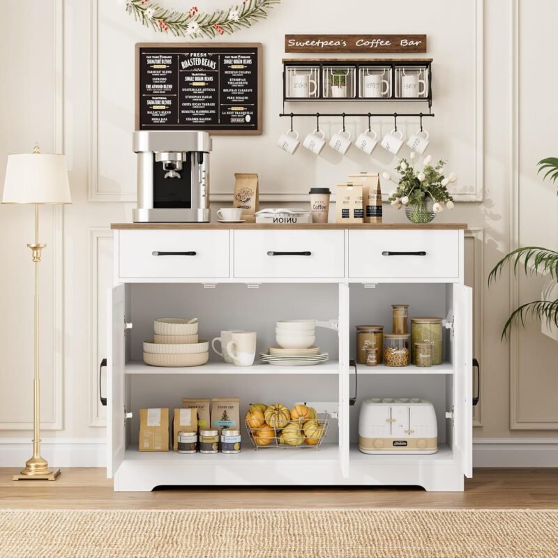 Modern Farmhouse Sideboard Buffet Cabinet, Barn Doors Buffet Storage Cabinet with Drawers and Shelves, Wood Coffee Bar with Storage for Kitchen, Dining Room, Living Room, White - Image 3