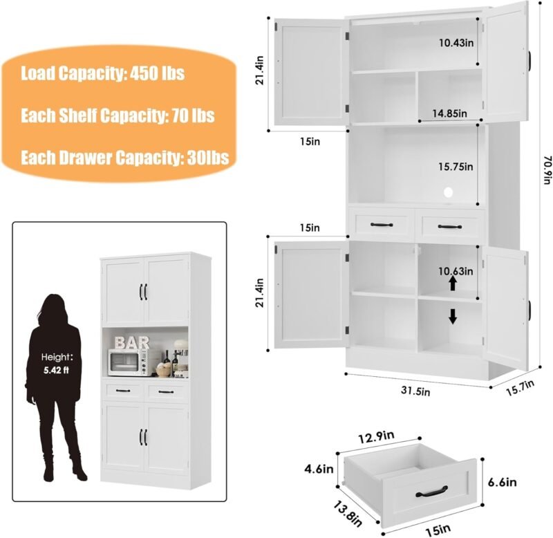 71“ Tall Kitchen Pantry Storage Cabinet, Modern Kitchen Hutch Bar Cabinet with Microwave Stand, Wood Buffet Sideboard with Hutch, Cupboard with Drawers, Shelves for Dining Room, White - Image 3