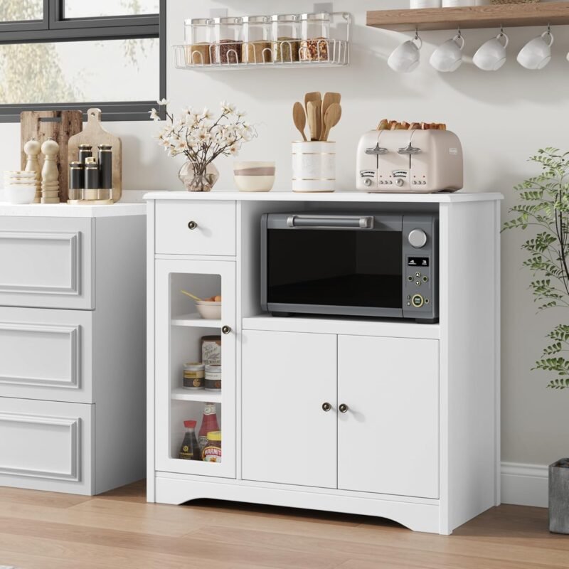 Microwave Cabinet, Kitchen Storage Cabinet with 3 Doors and 1 Drawer, Buffet Sideboard with Adjustable Shelves, Microwave Stand for Kitchen, Dining Room, White - Image 2