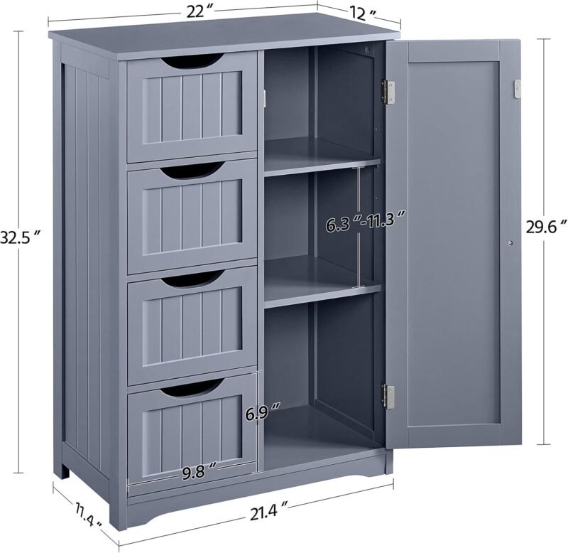 Bathroom Floor Cabinet, Freestanding Storage Organizer Unit Kitchen Cupboard W/ 4 Drawers & Adjustable Shelves, Using for Kitchen/Bathroom, Gray - Image 4