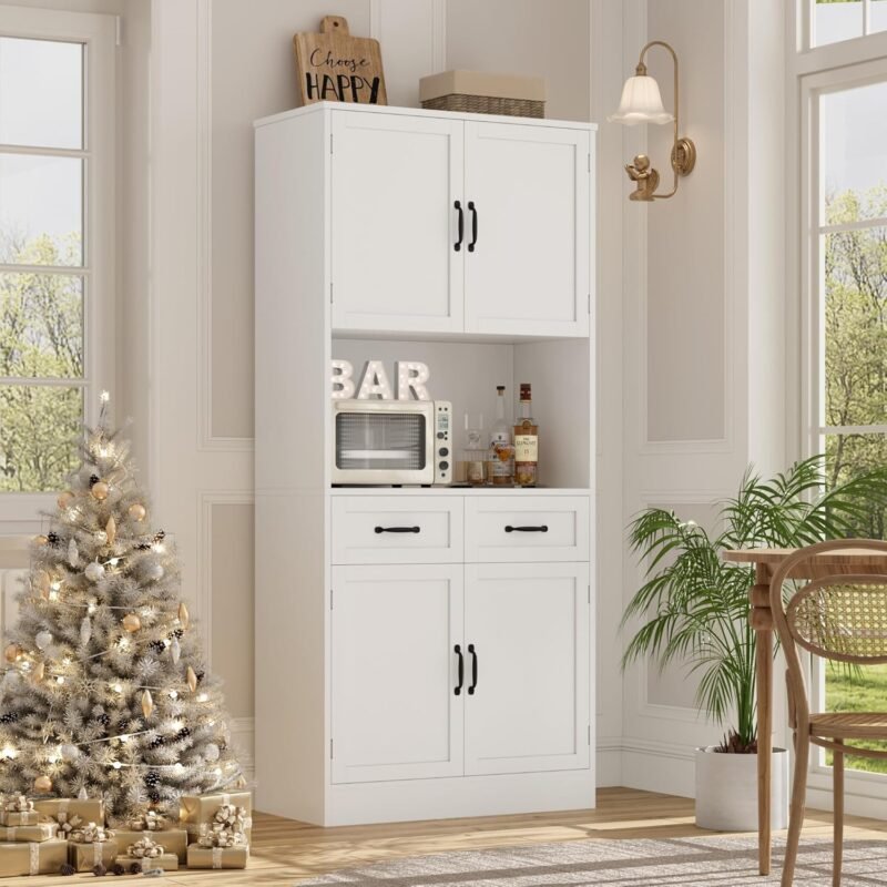 71“ Tall Kitchen Pantry Storage Cabinet, Modern Kitchen Hutch Bar Cabinet with Microwave Stand, Wood Buffet Sideboard with Hutch, Cupboard with Drawers, Shelves for Dining Room, White