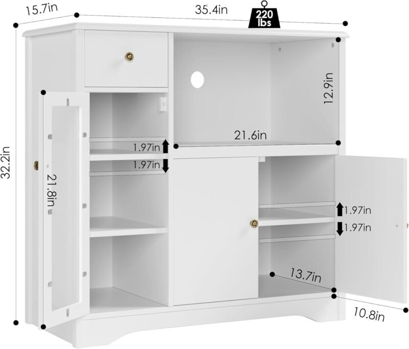Microwave Cabinet, Kitchen Storage Cabinet with 3 Doors and 1 Drawer, Buffet Sideboard with Adjustable Shelves, Microwave Stand for Kitchen, Dining Room, White - Image 4