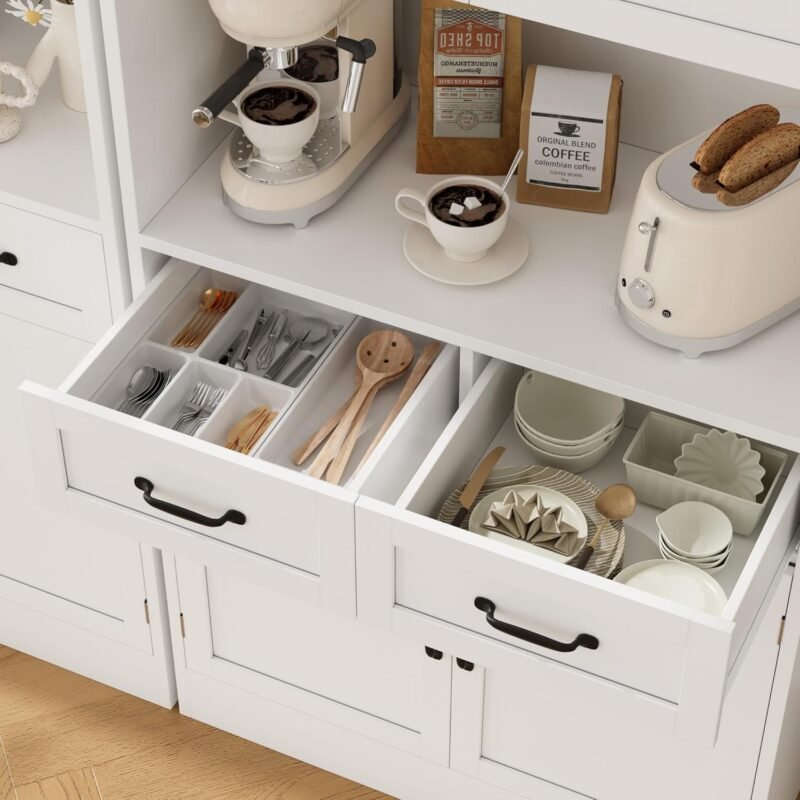 71“ Tall Kitchen Pantry Storage Cabinet, Modern Kitchen Hutch Bar Cabinet with Microwave Stand, Wood Buffet Sideboard with Hutch, Cupboard with Drawers, Shelves for Dining Room, White - Image 4