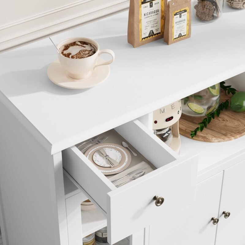 Microwave Cabinet, Kitchen Storage Cabinet with 3 Doors and 1 Drawer, Buffet Sideboard with Adjustable Shelves, Microwave Stand for Kitchen, Dining Room, White - Image 3