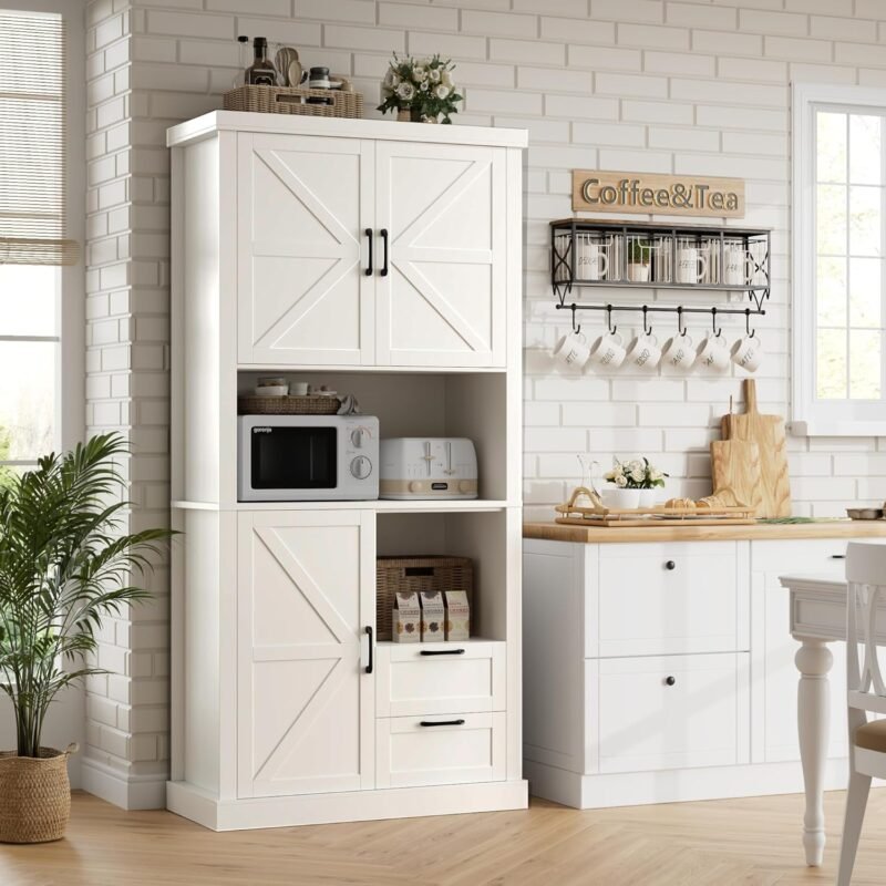 76" Tall Farmhouse Kitchen Pantry Cabinet, Kitchen Hutch Bar Cabinet with Drawers & Shelves, Large Wood Storage Cabinets with Barn Doors & Microwave Stand, Cupboard for Dining Room, White