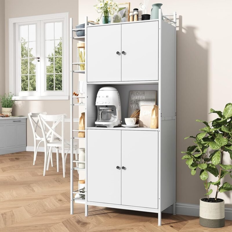 Kitchen Pantry Cabinet, Industrial Style Tall Kitchen with Microwave Stand, Food Storage Cabinet with 6 Side Shelves and 2 Doors for Dining Room, Living Room, White