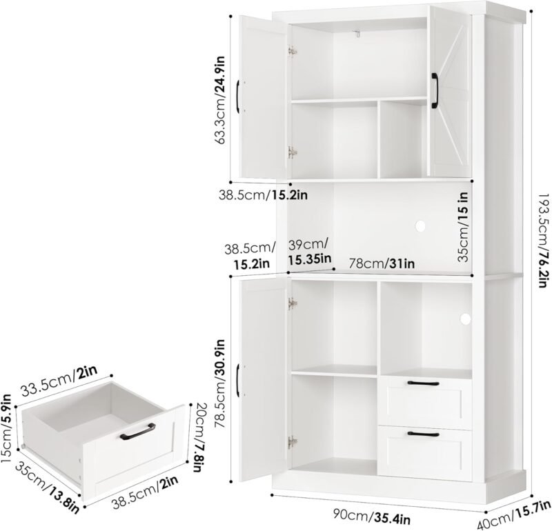 76" Tall Farmhouse Kitchen Pantry Cabinet, Kitchen Hutch Bar Cabinet with Drawers & Shelves, Large Wood Storage Cabinets with Barn Doors & Microwave Stand, Cupboard for Dining Room, White - Image 2