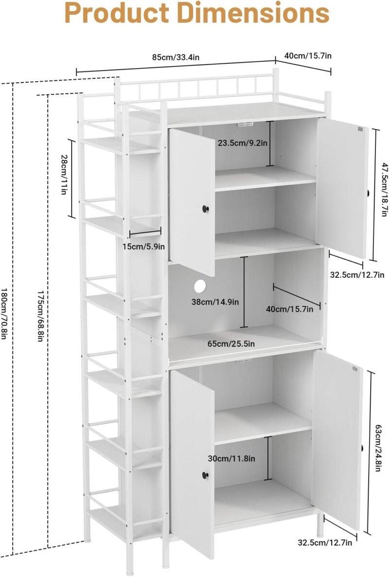 Kitchen Pantry Cabinet, Industrial Style Tall Kitchen with Microwave Stand, Food Storage Cabinet with 6 Side Shelves and 2 Doors for Dining Room, Living Room, White - Image 2