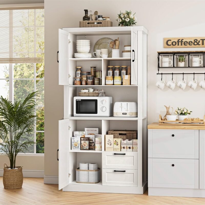 76" Tall Farmhouse Kitchen Pantry Cabinet, Kitchen Hutch Bar Cabinet with Drawers & Shelves, Large Wood Storage Cabinets with Barn Doors & Microwave Stand, Cupboard for Dining Room, White - Image 4