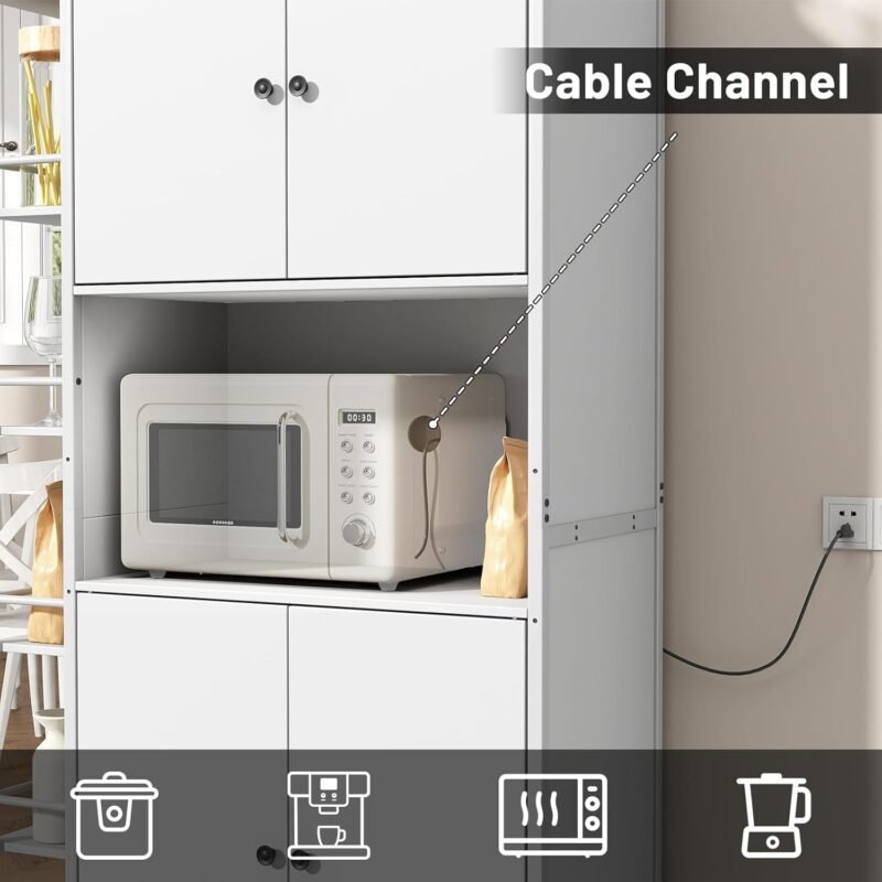 Kitchen Pantry Cabinet, Industrial Style Tall Kitchen with Microwave Stand, Food Storage Cabinet with 6 Side Shelves and 2 Doors for Dining Room, Living Room, White - Image 4