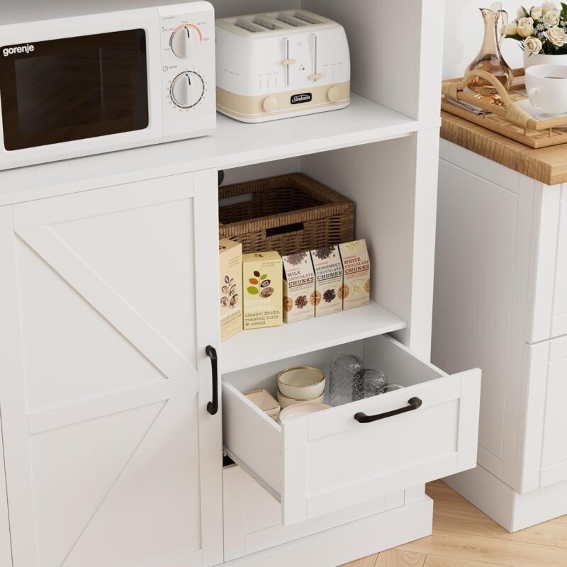 76" Tall Farmhouse Kitchen Pantry Cabinet, Kitchen Hutch Bar Cabinet with Drawers & Shelves, Large Wood Storage Cabinets with Barn Doors & Microwave Stand, Cupboard for Dining Room, White - Image 3