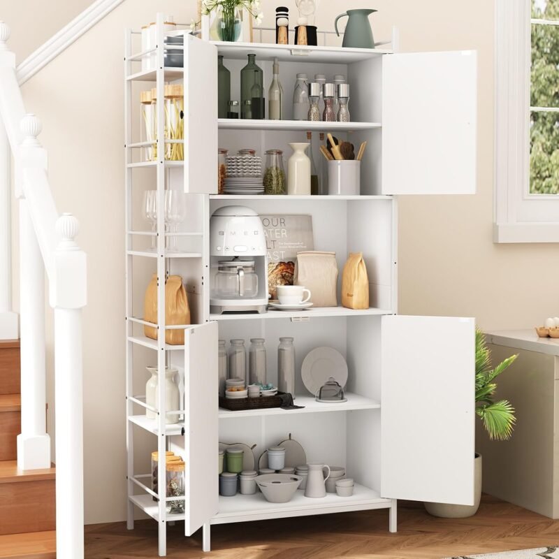 Kitchen Pantry Cabinet, Industrial Style Tall Kitchen with Microwave Stand, Food Storage Cabinet with 6 Side Shelves and 2 Doors for Dining Room, Living Room, White - Image 3