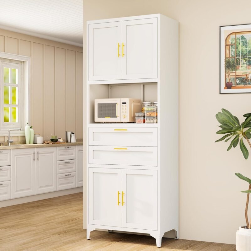 75” Tall Kitchen Pantry Storage Cabinet, Metal Storage Cabinet with 2 Drawers and Adjustable Shelves, Kitchen Pantry Cupboard, Freestanding Cupboard for Bathroom, Living Room (White)