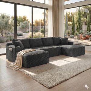 134" U-Shaped Modular Sectional Sofa, Modern Corduroy Boneless Couch with Double Chaise, Oversized Cloud Sofa with Cupholders & Side Pockets, No Assembly Required Living Room Furniture, Gray