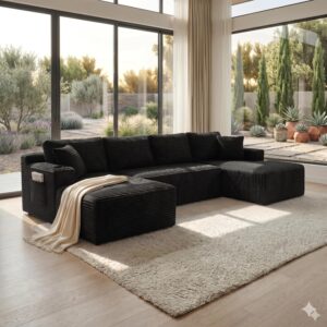 134" U-Shaped Modular Sectional Sofa, Modern Corduroy Boneless Couch with Double Chaise, Oversized Cloud Sofa with Cupholders & Side Pockets, No Assembly Required Living Room Furniture, Black